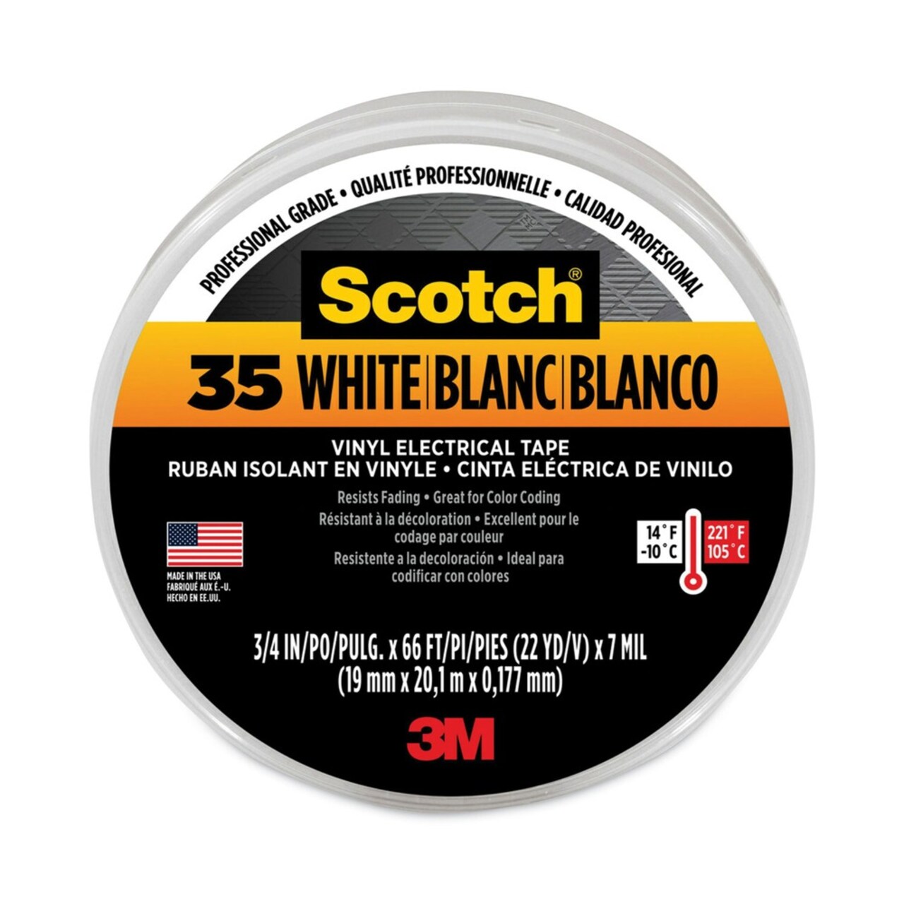 3M 3 in. Core 0.75 in. x 66 ft. 35 Vinyl Electrical Color Coding Tape - White
